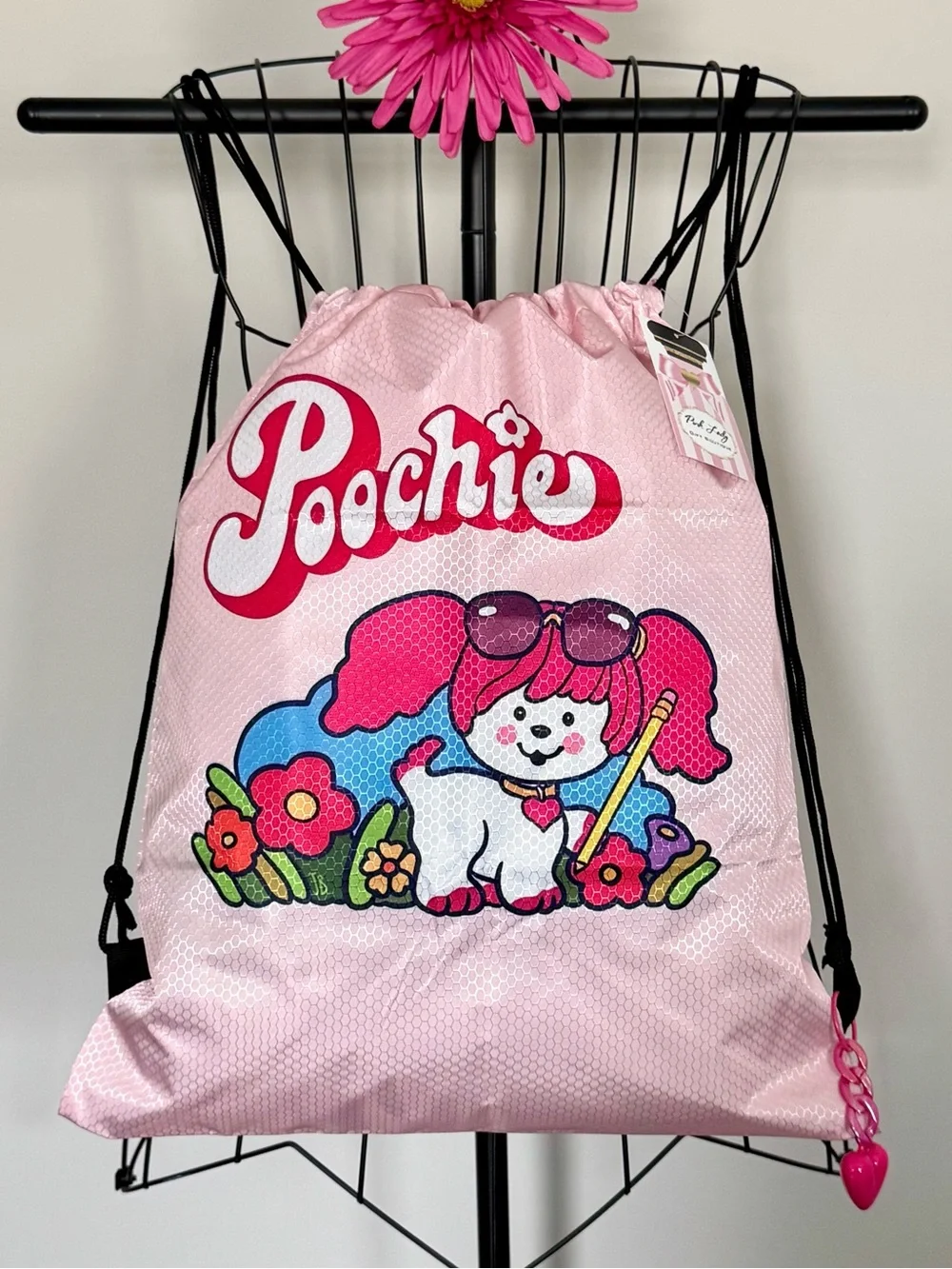 New Poochie Dog Retro 80s Style Backpack Purse Bag w/ Pink Heart Charm 18.5”x16”